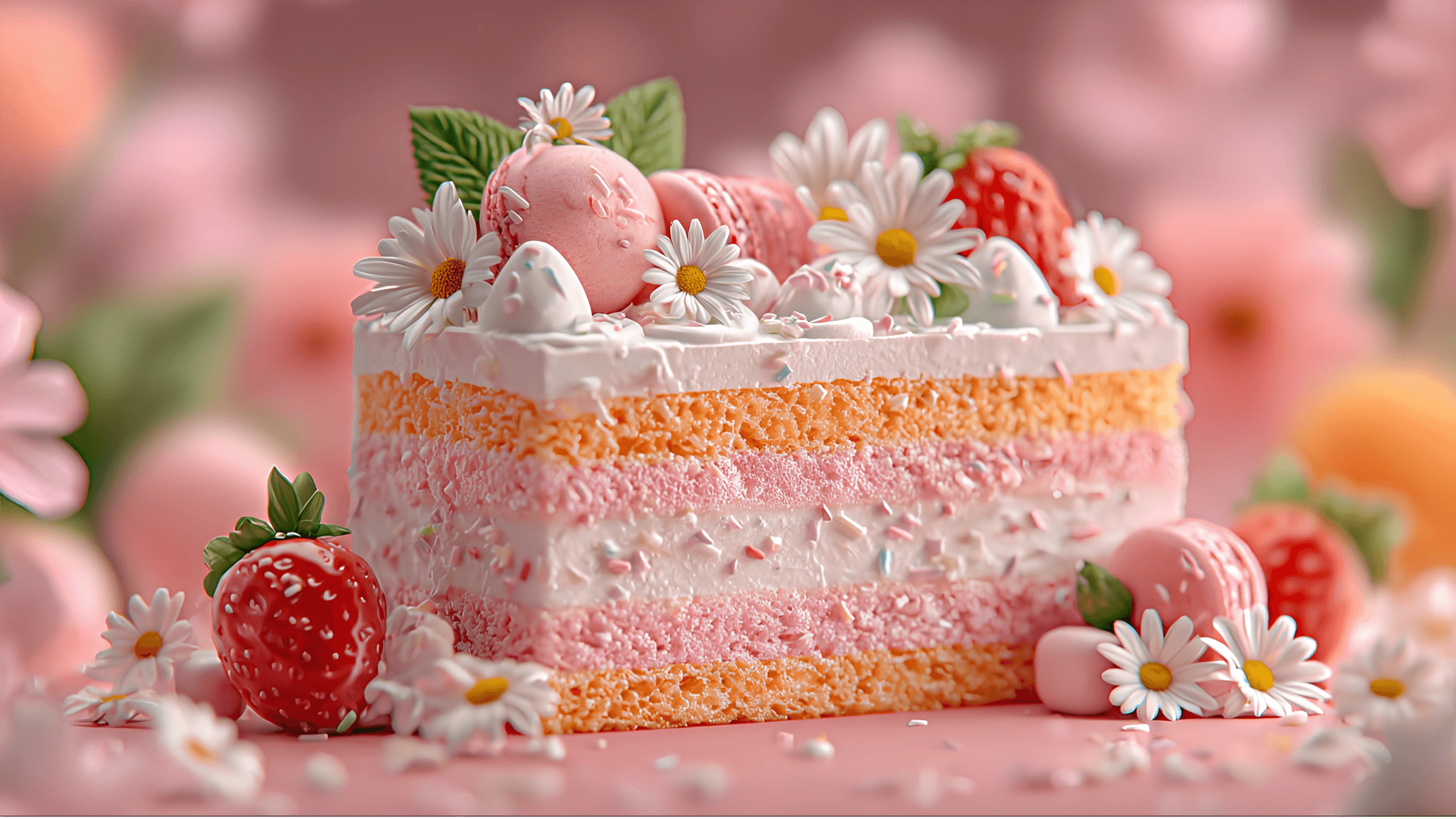Whimsical floral celebration cake with strawberries and macarons at Sun Top Bakery